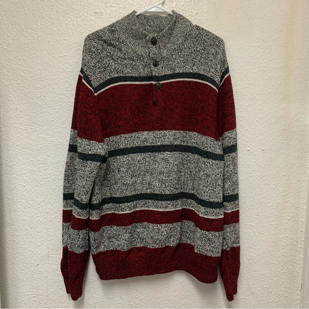 Chaps Ralph Lauren Sweater Mens XL Gray Red Striped Knit Henley Button Collar